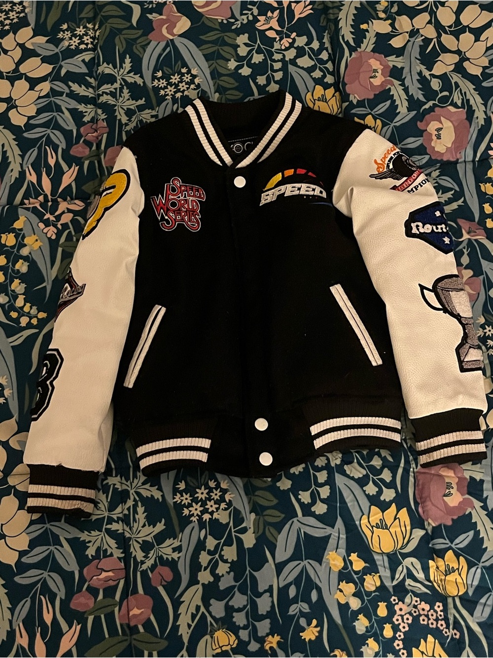 Focus Kids Black and White Speed Racing Patch Varsity-Style Jacket Boys Size 6